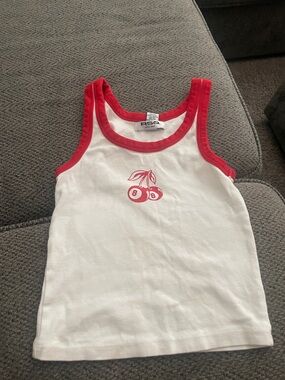 RSQ White Cropped Tank Top with Red Trim and Cherry Graphic